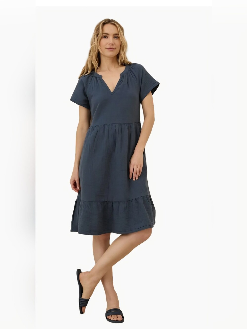 Pact Organic Cottom Coastal Double Gauze Breezy Dress Charcoal Gray . XS